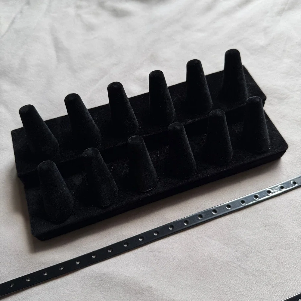 Jewelry Display Set Black Metal Earring Stand Wood Base & Velvet 12 Ring Tray